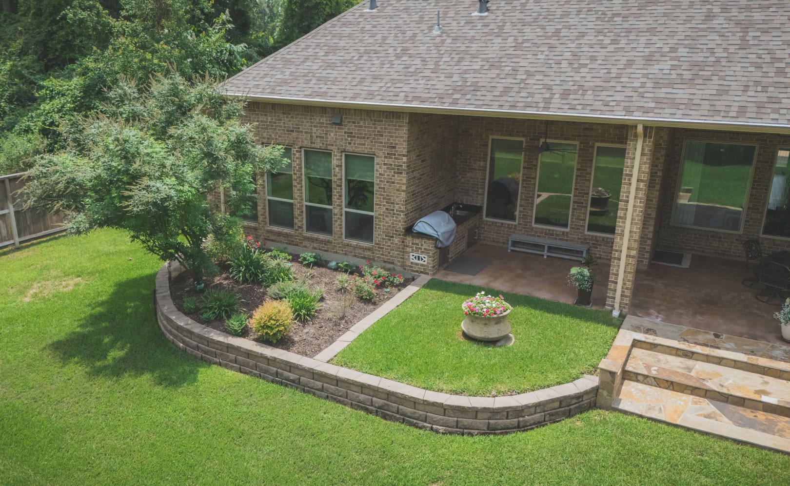 Aerial view of a Theiss Landscape Works outdoor living installation